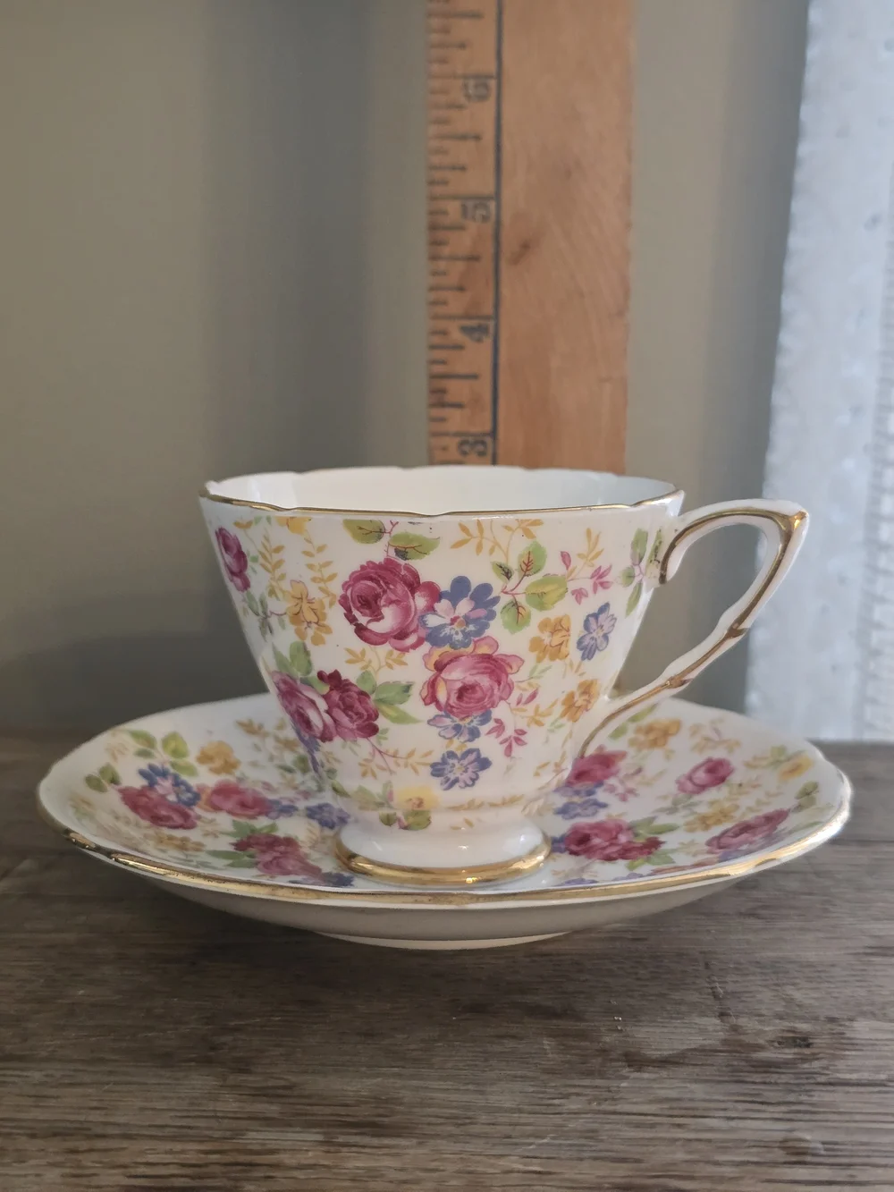 Vintage June Roses Floral Bone China Porcelain Teacup & Saucer Set - Pink Floral